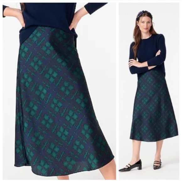 J Crew Black Watch Green Blue Tartan Pull-on Slip Midi Skirt Holiday Christmas